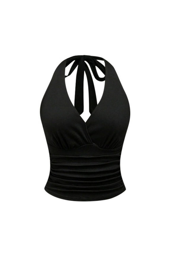 Tank Tops For Women Summer Trendy Women's Leopard Print Ruched Halter Crop Tops V Neck Tie Back Sleeveless Slim Fit Cami Tops Trendy Tank Tops