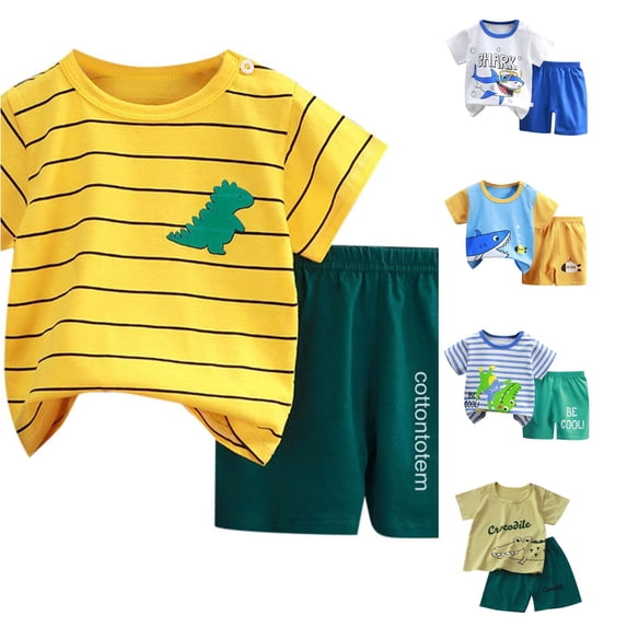 RMGVDSD Toddler Baby Boy Clothes Summer Cartoon Print T Shirt Short Sleeve Tops Shorts Set Casual 2Pcs Outfits Children's Shorts Suit 12-18 Months