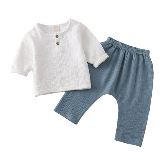 RMGVDSD Toddler Baby Boys Clothes Kids Baby Boy Girl Clothes Solid Linen Long Sleeve Crewneck T Shirt Tops Cropped Pants 2Pcs Set 5-6 Years