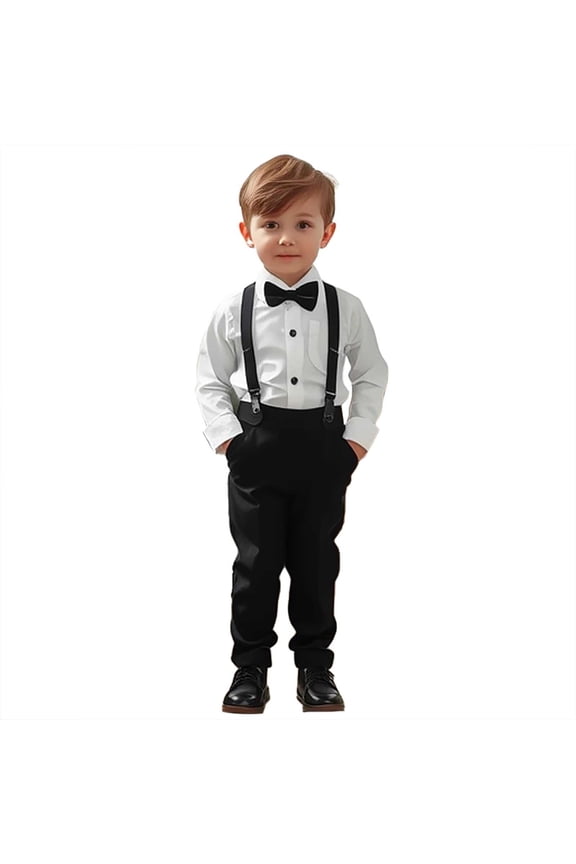 Toddler Baby Boys Clothes Suits Long Sleeve Bowtie Formal Dress Shirts + Suspenders Pants 4Pcs Gentleman Outfits Set 12-18 Months