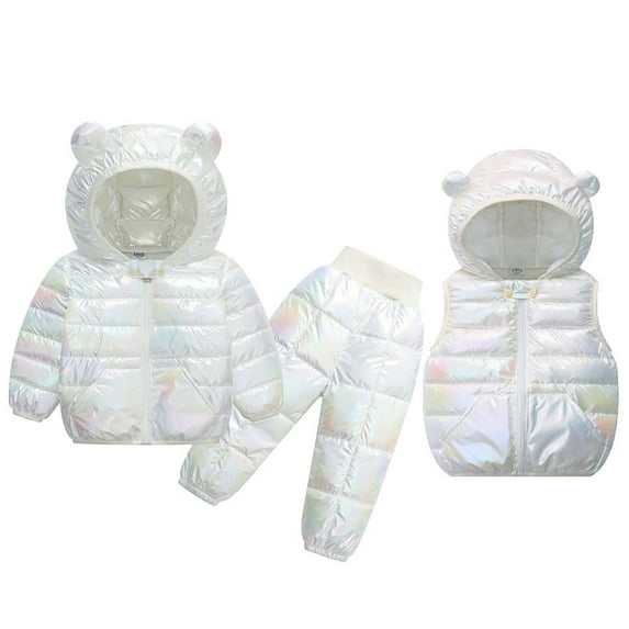 RMGVDSD Toddler Baby Boys Girls Snowsuit Set Winter Warm Coat Long Sleeve Bear Ear Hooded Puffer Down Jacket And Snow Pants With Vest 3Pcs Outfits Adorable Trendy 3-4 Years