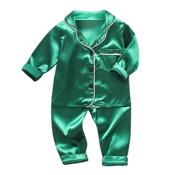 RMGVDSD Toddler Baby Pajama Set Boys Girls Button Down Sleepwear Long Sleeve Shirt And Pants Pjs Sets Kids Silk Satin Pajamas Set Comfort Loungewear 12-18 Months