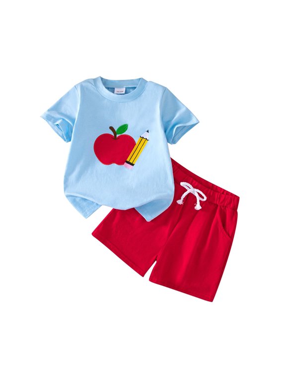 Toddler Boy Back To School Outfit Pencil Apple Graphic T-Shirt Short Sleeve Tops and Shorts Set Cute Casual Summer Clothes Kids Boy Clothes