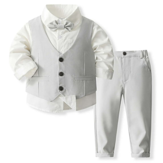 RMGVDSD Toddler Boy Clothes Suit Boys Formal Outfits Set Long Sleeve Dress Shirt Vest Pants Bowtie Suit Boys Wedding Party Outfits 8-9 Years