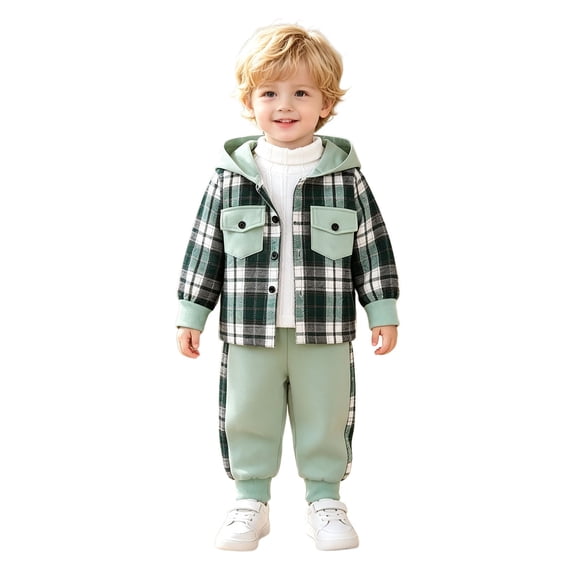 RMGVDSD Toddler Boys Fall Clothes Plaid Shirt Hooded Sweatshirt With Pocket Long Sleeve Jacket Tops And Casual Pants Two Piece Outfits Set 2-3 Years