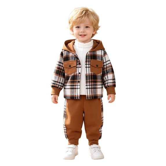 RMGVDSD Toddler Boys Fall Clothes Plaid Shirt Hooded Sweatshirt With Pocket Long Sleeve Jacket Tops And Casual Pants Two Piece Outfits Set 3-4 Years