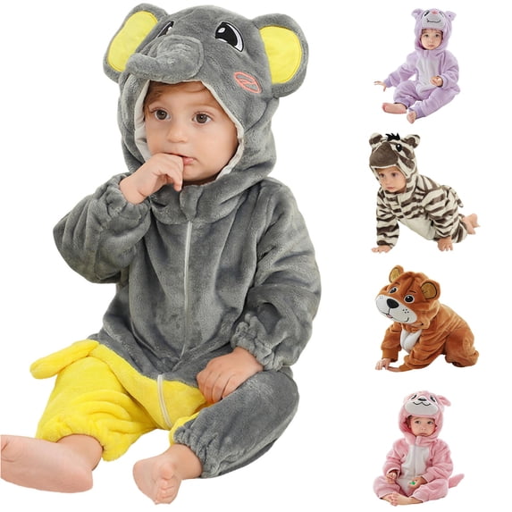 RMGVDSD Toddler Boys Girls Halloween Outfit Baby Animal Onesie Flannel Hooded Romper Jumpsuit Long Sleeve Cartoon One-Piece Sleepwear 1-2 Years