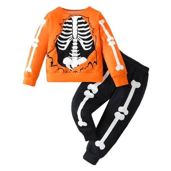 RMGVDSD Toddler Boys Halloween Outfits Long Sleeve Skeleton Print Pullover Sweatshirt Tops Pants 2 Piece Casual Kids Clothing Sets 2-3 Years