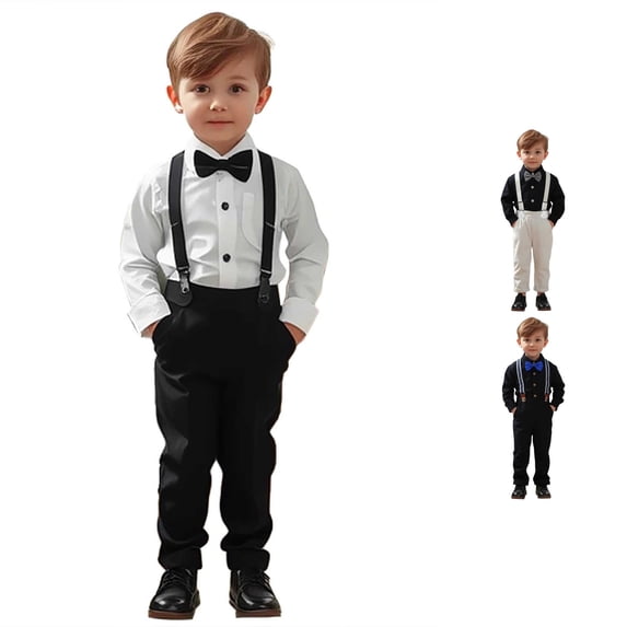 RMGVDSD Toddler Boys Long Sleeve Dress Shirt Tops Suspender Pants Set Baby Kids Wedding Gentleman Outfits Formal Back To School Wear 18-24 Months