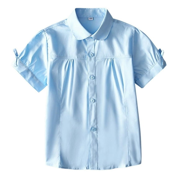 RMGVDSD Toddler Girl Button Down Shirt Girls Short Sleeve White Shirts Summer School Top Performance Outfit Solid Color Casual Blouse Comfort Versatile 5-6 Years