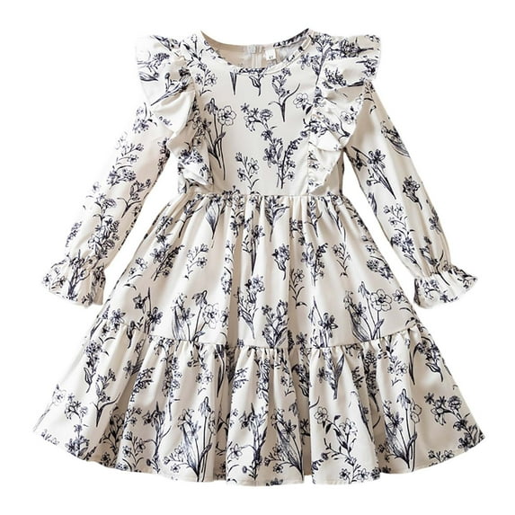 RMGVDSD Toddler Girl Dress Girls Long Sleeve Dress With Flutter Sleeves Fashion Floral Dresses Stylish Casual Sundress A-Line Midi Dress Hallowmas Vintage 4-5 Years