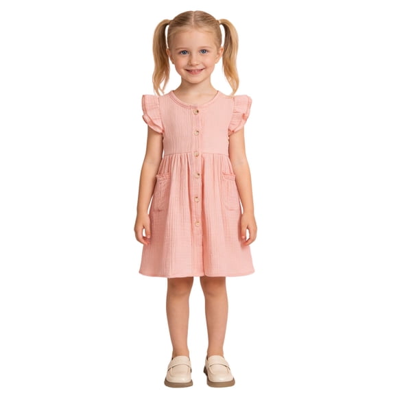 RMGVDSD Toddler Girl Summer Dress Little Kids Cute Ruffle Sleeve A-Line Flowy Beach Dresses Button Solid Color Casual Sundress With Pockets 4-5 Years