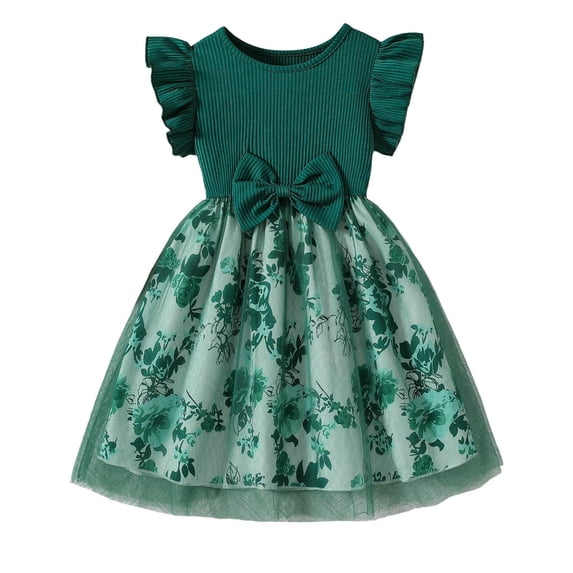 RMGVDSD Toddler Girls Birthday Dress Summer Sundress Flutter Sleeve Bowknot Floral Print Princess Tulle Dresses Little Kids Casual Party Dress 6-7 Years