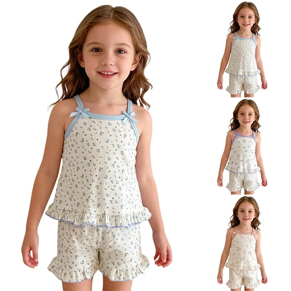 RMGVDSD Toddler Girls Clothes Floral Sleeveless Camisole Top And Shorts Casual Summer Outfit Cartoon Print Breathable Clothing Sets 6-7 Years