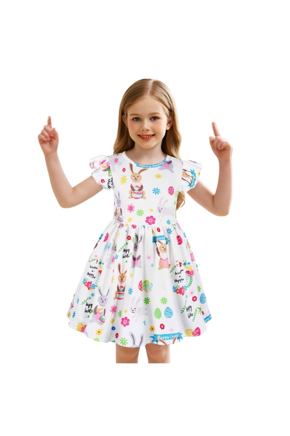 Toddler Girls Dress Easter Bunny Print Flutter Sleeve A-Line Dresses Kids Short Sleeve Casual Party School Summer Sundress Girls Dress Clothes