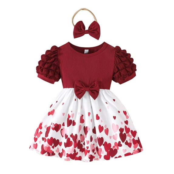RMGVDSD Toddler Girls Dresses Cute Short Sleeve Floral Dress With Bow Puff Sleeves A-Line Sundress Casual Holiday Birthday Easter Outfit 18-24 Months