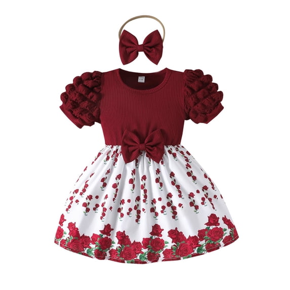RMGVDSD Toddler Girls Dresses Cute Short Sleeve Floral Dress With Bow Puff Sleeves A-Line Sundress Casual Holiday Birthday Easter Outfit 6-9 Months