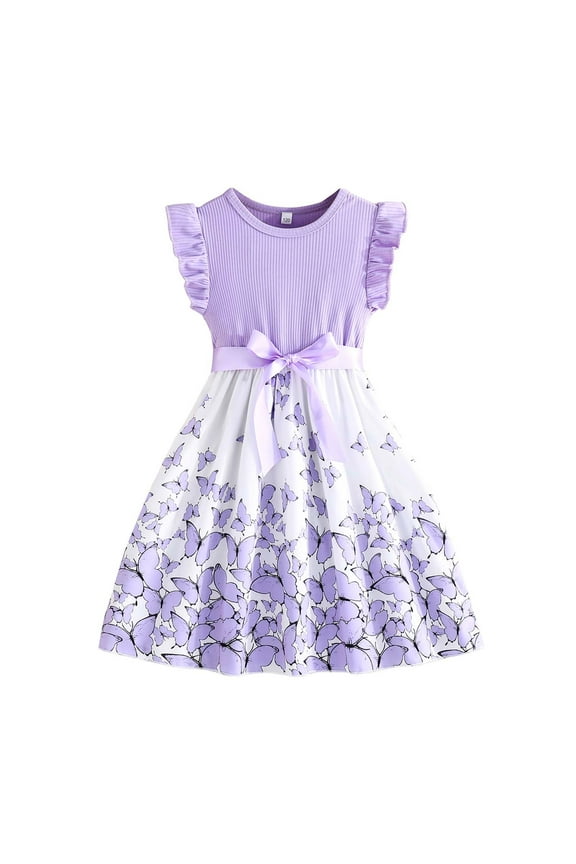 Toddler Girls Dresses Easter Flowers Ruffles Sleeveless Sundress Bowknot Round Neck A-Line Dresses Summer Girls Dress Versatile Sundress