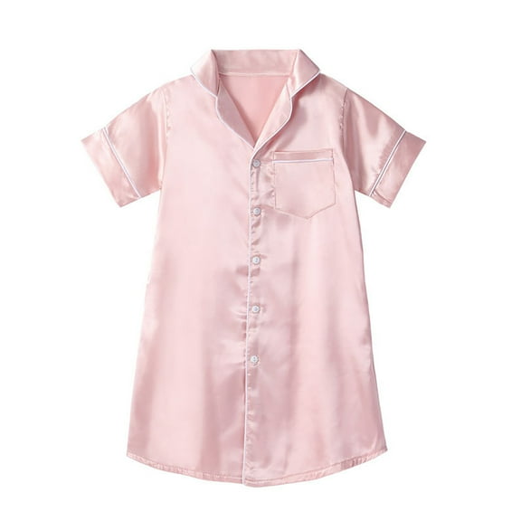 RMGVDSD Toddler Girls Silk Nightgown Kids Satin Pajamas Short Sleeve Button Down Nightshirt Sleepwear Night Dress Home Clothes Pajamas Nightgowns for Girls 7-8 Years