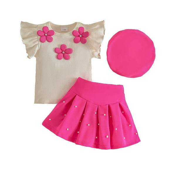 RMGVDSD Toddler Girls Skirt Set Summer Fly Sleeve Floral Print T Shirt Tops Pleated Skirts Hat 3Pcs Outfits Cute Casual Play Outfit Fashion Clothes Outfits