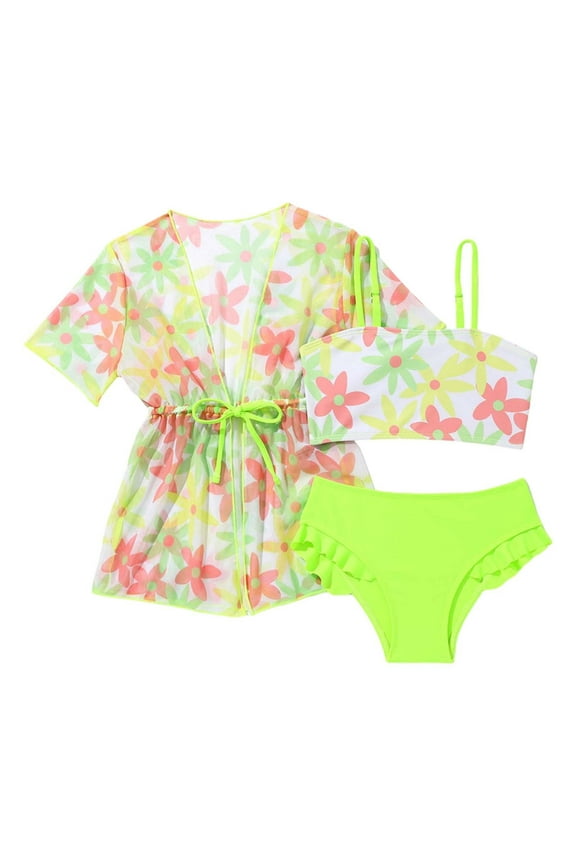Toddler Girls Swimsuit 3 Piece Set With Floral Cover Up Floral Print Bikini Swimwear Bathing Suit For Beach Summer Vacation Outfit Stylish Bathing Suit Swimwear