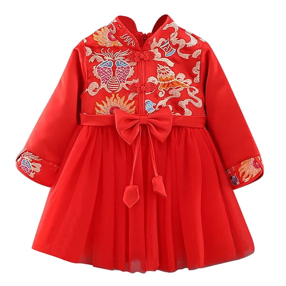 RMGVDSD Toddler Kids Baby Girls Tulle Dresses For New Year Long Sleeve Warm Princess Dresses Embroidery Qipao Dress Tang Suit Casual Party Dresses