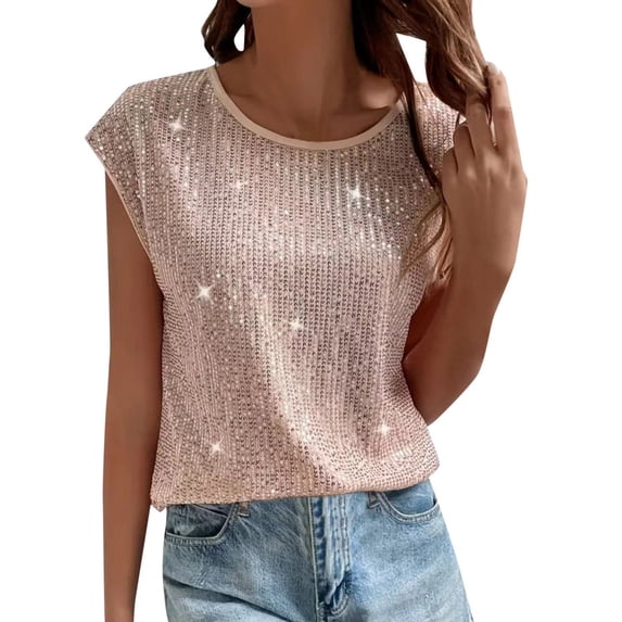 RMGVDSD Trendy Tops for Women Solid Color Sequin Round Neck Tee Shirts Shiny Cap Sleeve T Shirts Fashion Blouse Tops Casual Party Wear Versatile Tee Blouse