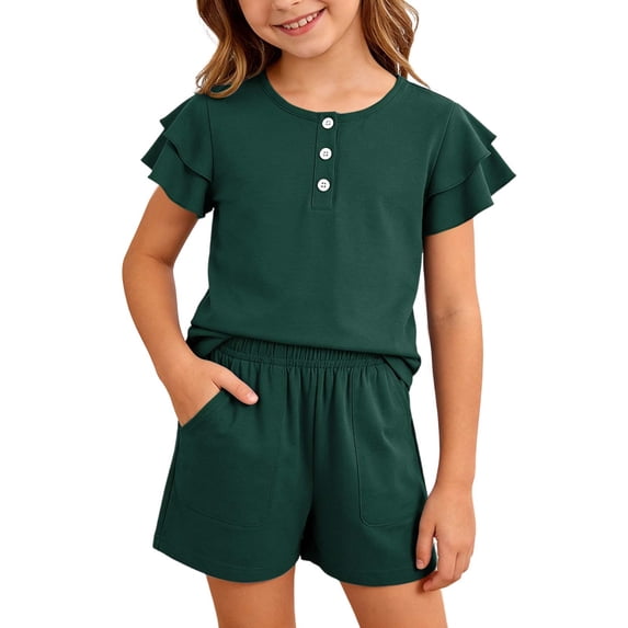 RMGVDSD Tween Girls 2 Piece Outfits Ruffled Short Sleeved Button Down T-Shirt Top And Shorts Set Solid Color Casual Summer Clothes For Girls 7-8 Years