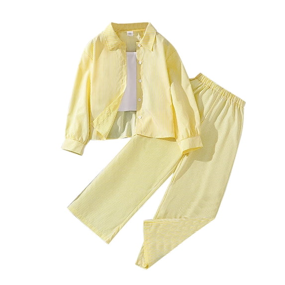 RMGVDSD Tween Girls Clothes Button Down Long Sleeve Striped Shirts Tops And Pants 2Pcs Outfits Children Stylish Spring Fall Clothing Set 9-10 Years