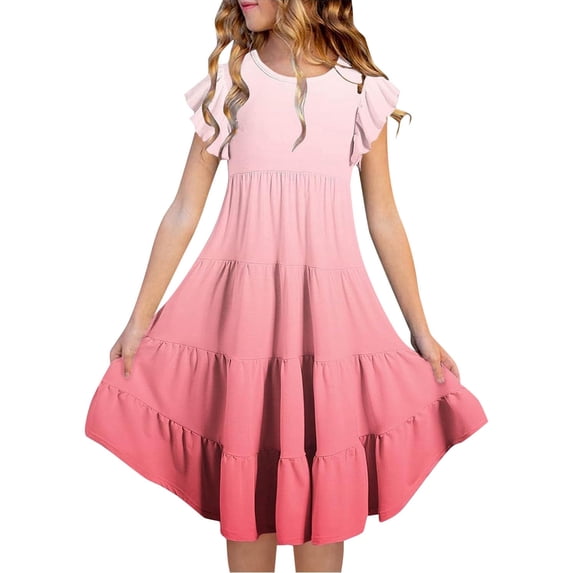 RMGVDSD Tween Girls Summer Dress Gradient Color Girls Dresses Flutter Sleeve A-Line Sundress Casual Tiered Swing Dress Comfort 8-9 Years