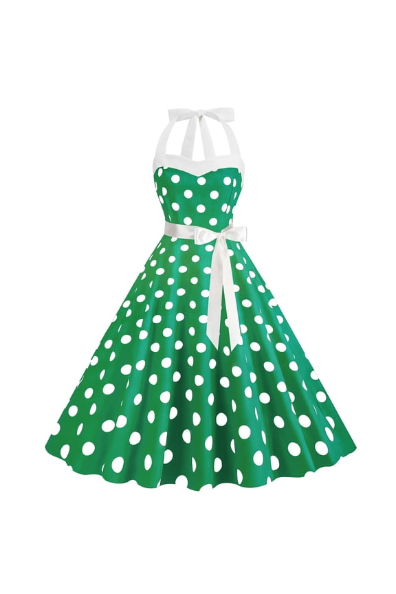 Wedding Guest Dress Women's Vintage Polka Dot Dress 1950S Halter Neck Retro Cocktail Dresses A-Line Party Swing Sundress With Belt A-Line Party Dress