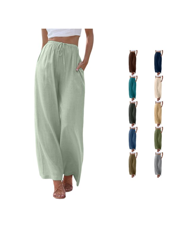 Wide Leg Pants for Women, High Waisted Drawstring Palazzo Pants, Breathable Flowy Vacation Trousers, Lightweight Summer Pants with Pockets,XXL
