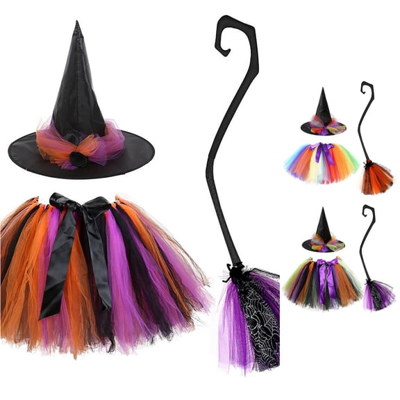 RMGVDSD Witch Costume for Girls Rainbow Tutu Skirt Witch Hat with Broomstick Toddler Kids Halloween Costumes 3Pcs Festival Party Dress Up Outfit