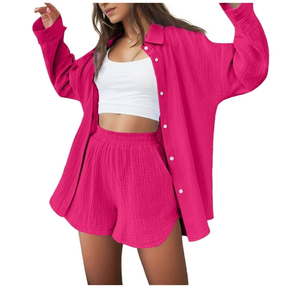 RMGVDSD Women 2 Piece Outfits Casual Trendy Long Sleeve Button Down Shirt And Shorts Set Commuting Outfit Women Shorts Sets Streetwear