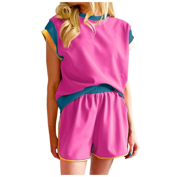 RMGVDSD Women 2 Piece Outfits Summer Sports Suit Round Neck Short Sleeve Tops Blouses And Shorts Sets With Pockets Cozy Pajamas Sweatsuit Set