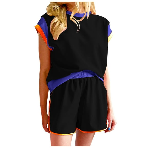 RMGVDSD Women 2 Piece Outfits Summer Sports Suit Round Neck Short Sleeve Tops Blouses And Shorts Sets With Pockets Daily Casual Workout Sets