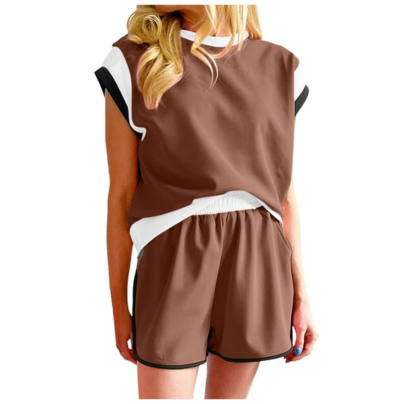 RMGVDSD Women 2 Piece Outfits Summer Sports Suit Round Neck Short Sleeve Tops Blouses And Shorts Sets With Pockets Stylish Women Shorts Suit