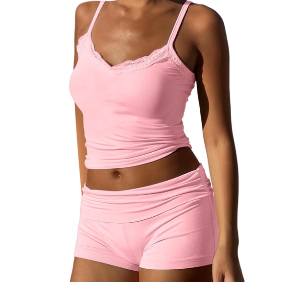 RMGVDSD Women 2 Piece Short Sets Soft Pajama Set Sleeveless Lace Trim Cami Tank Top Shorts Suit Loungewear Set Casual Beach Vacation Outfit
