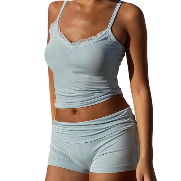 RMGVDSD Women 2 Piece Short Sets Soft Pajama Set Sleeveless Lace Trim Cami Tank Top Shorts Suit Loungewear Set Relaxed Fit Loungewear Sets