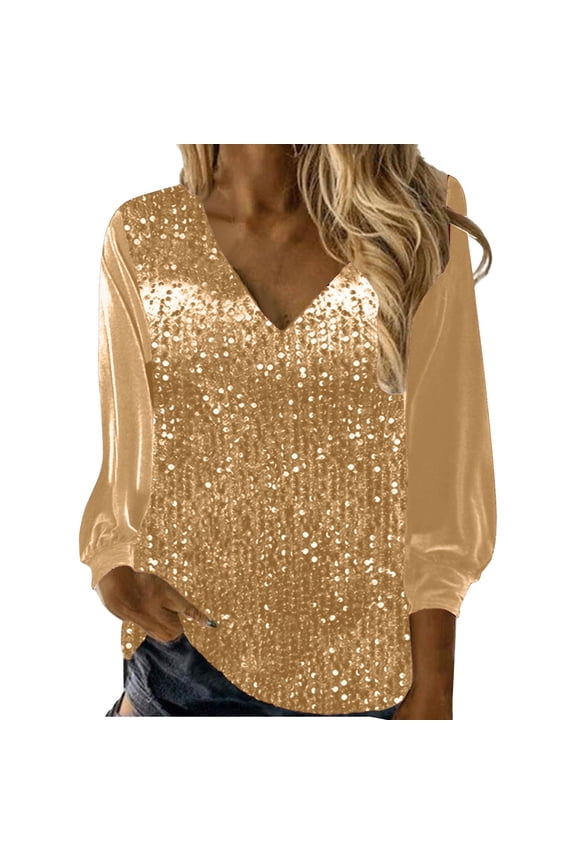 Women 2026 Loose Fit Tops Women's V Neck Shiny Sequin Top Elegant Sequin Long Sleeve Shirt Version Of Sequin Shirt Trendy Work Tops