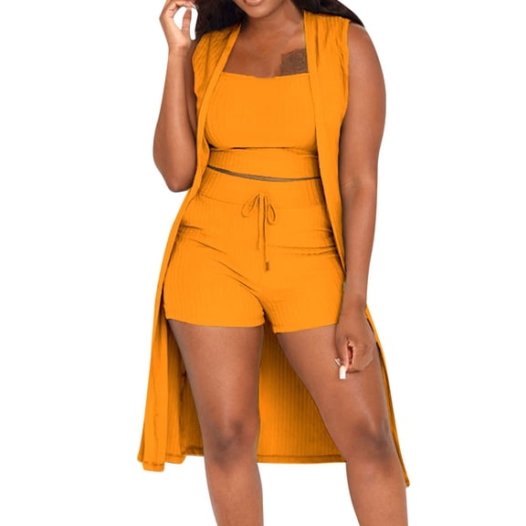 RMGVDSD Women 3 Piece Outfits Ribbed Sleeveless Long Cardigan Crop Tank Tops Bodycon Shorts Sets Sweatsuit Set Comfortable Loose Loungewear