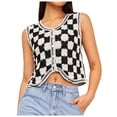 thumbnail image 1 of RMGVDSD Women Button Front V Neck Sleeveless Crochet Plaid Checkered Knit Sweater Vest Solid Color Casual Classic Soft Sweater /Black, 1 of 6