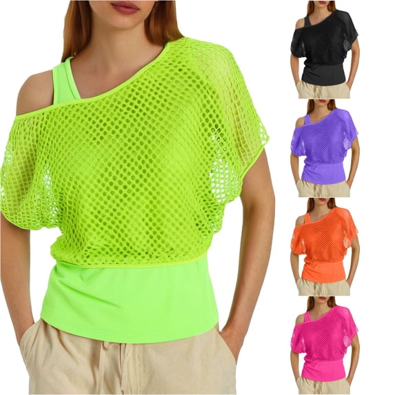 RMGVDSD Women Casual 80S 90S T Shirts Neon Fishnet Off Shoulder T-Shirt Womens Mesh Tops Short Sleeve Blouses Holiday Party Wear