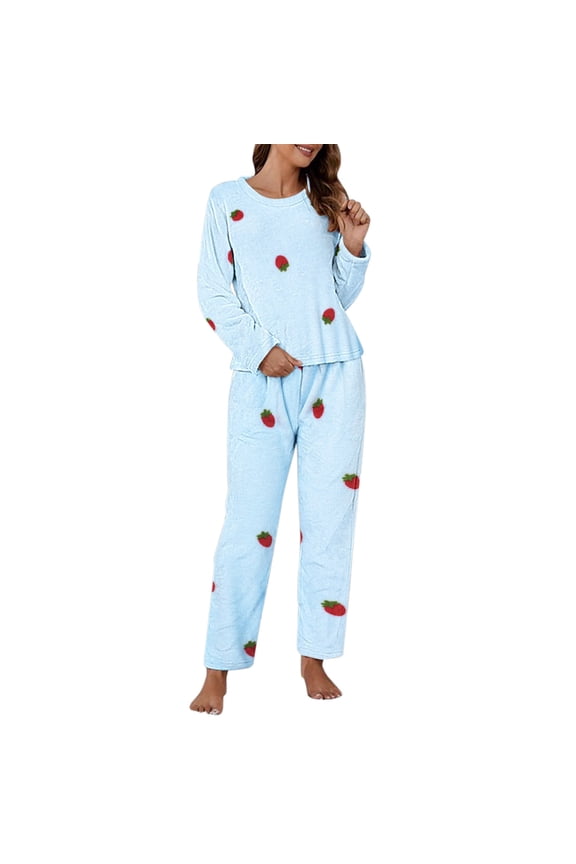 Women Casual Pajamas Sets Warm Pajamas Cute Strawberry Print Long Sleeve Tops And Pants Fuzzy Sleepwear Two Piece Set Fashionable Pyjamas