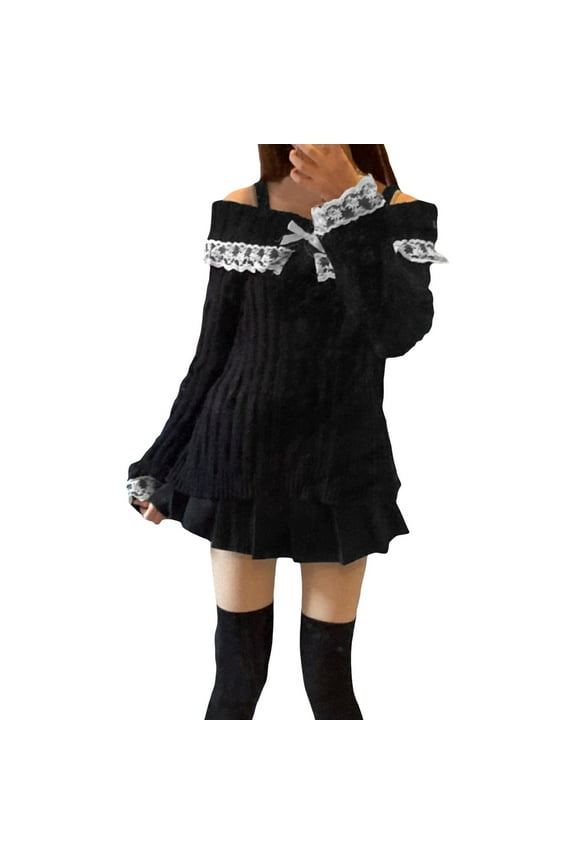 Women Off Shoulder Top Long Sleeve Lace Trim Knit Shirt Fashion Cute Solid Color Pullover Sweater Pullover Knit Sweater Top /Black