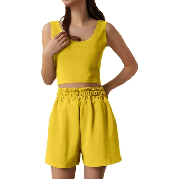 RMGVDSD Women Summer Shorts Sets 2 Piece Sleeveless Matching Crop Top And High Waisted Shorts Two Piece Outfits Casual Beach Shorts Set