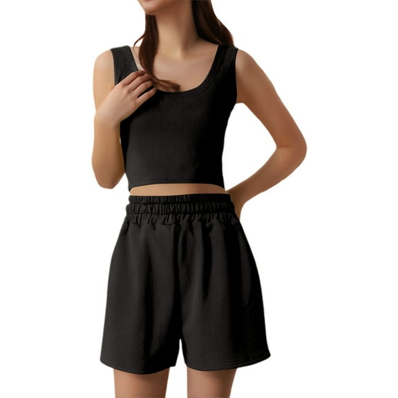 RMGVDSD Women Summer Shorts Sets 2 Piece Sleeveless Matching Crop Top And High Waisted Shorts Two Piece Outfits Daily Casual Fashion Suits