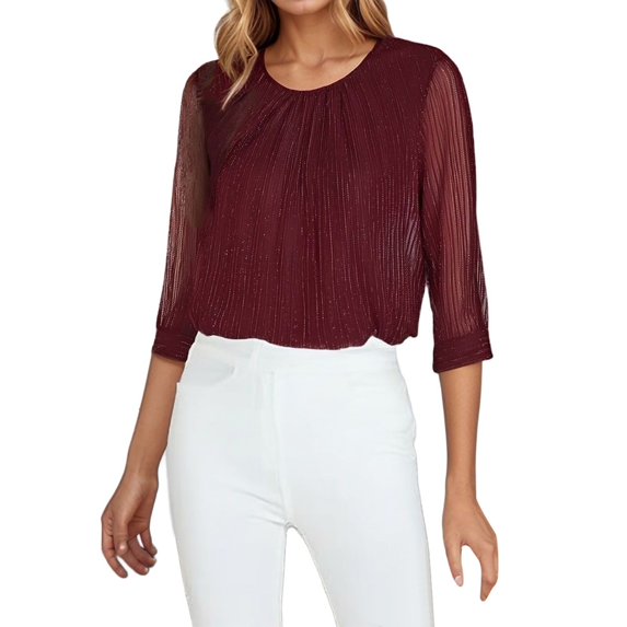 RMGVDSD Women Tee Shirts Shiny Loose Fit Mesh Ruched Double Layer Waist Cinching Top Daily Work Shirts