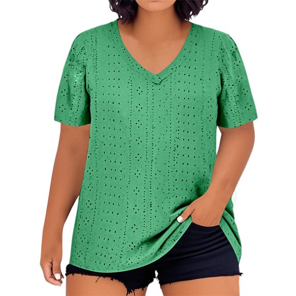 RMGVDSD Women Tops T Shirt Plus Size Women's V Neck Solid Color Short Sleeve T Shirt Loose Fit Top Casual Wear Soft Casual Tshirts