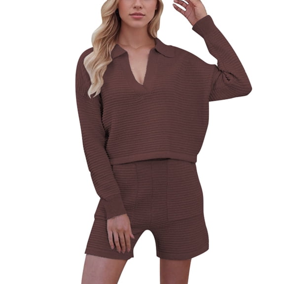 RMGVDSD Women Waffle Knit Casual 2 Piece Outfits Long Sleeve Shorts Matching Sets Fashion Sweatsuit Comfy Relaxed Fit Tracksuits